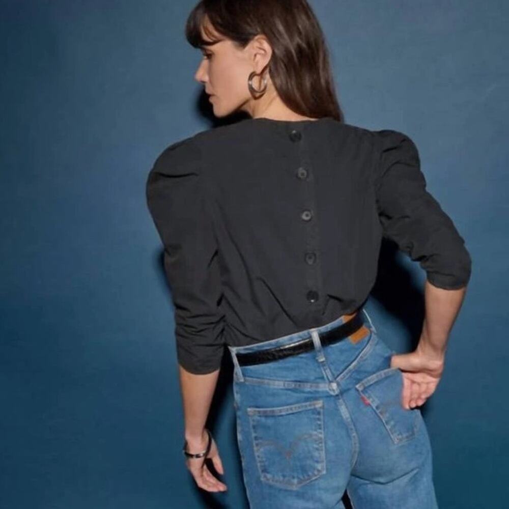 Nation LTD NEW Eloise Pima Cotton Poplin Puff Sleeve Button Back Top Black M